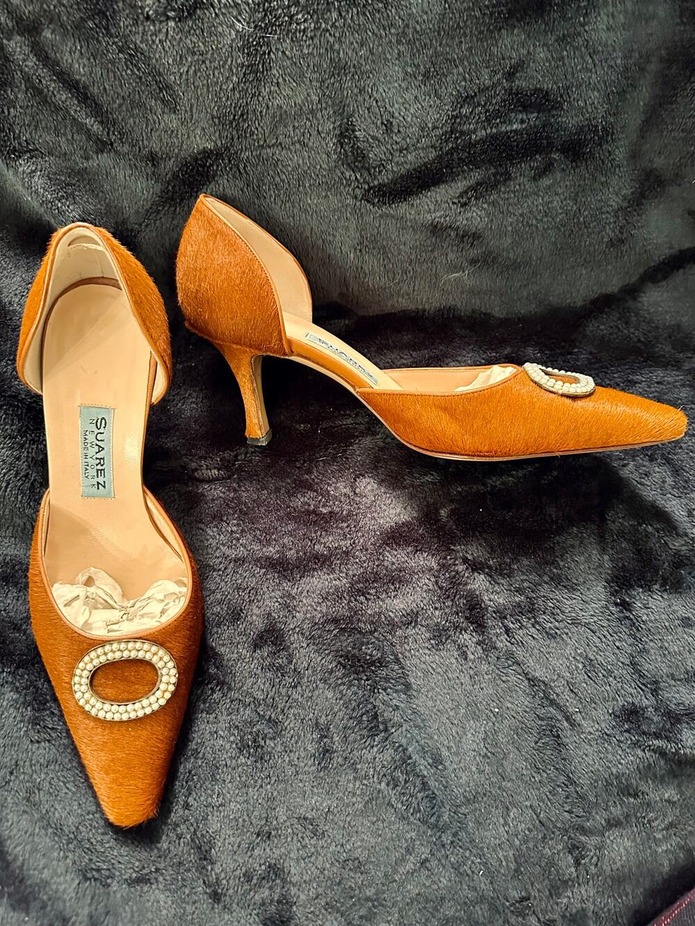 SUAREZ NY CINNAMON CALFHAIR D'ORSAY PUMPS W/ PEARL ORNAMENT MADE IN ITALY 7